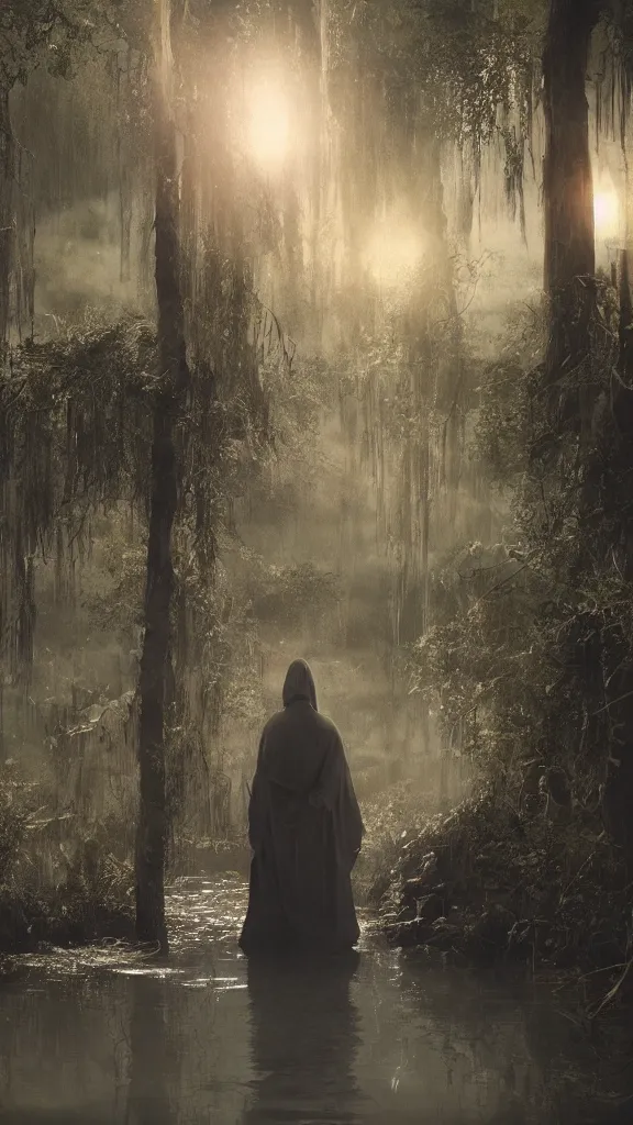 Prompt: photo of a mystical figure in occult robes sneaking through a swamp, cinematic lighting, highly detailed, horror, epic