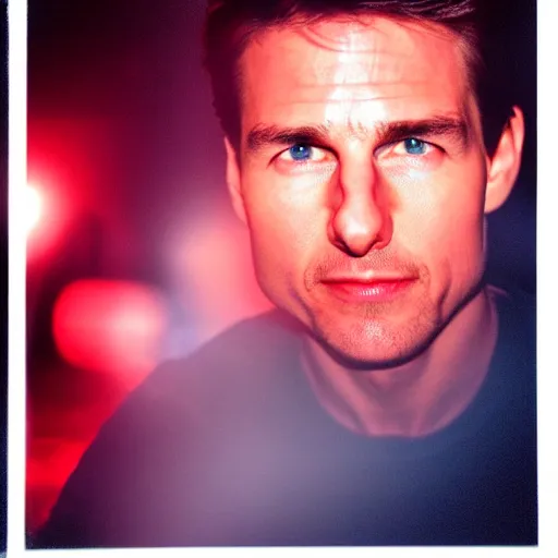 Prompt: photo tom cruise in dark room, blue neon lighting, cinestill, 800t, 35mm, full-HD