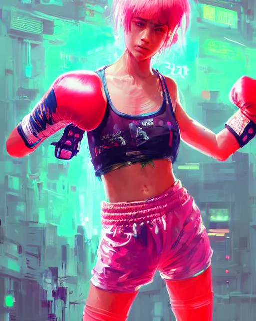 Image similar to detailed portrait Neon boxer Girl, cyberpunk futuristic neon, reflective crop top and shorts, boxing gloves, decorated with traditional Japanese ornaments by Ismail inceoglu dragan bibin hans thoma greg rutkowski Alexandros Pyromallis Nekro Rene Maritte Illustrated, Perfect face, fine details, realistic shaded, fine-face, pretty face