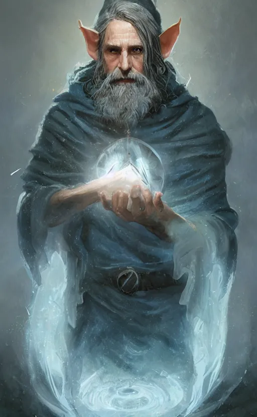 Prompt: portrait of a middle - aged elf with a long beard, dressed in a blue cloak, brown - grey hair, raised hand, clock iconography, detailed face, fantasy, highly detailed, cinematic lighting, digital art painting by greg rutkowski