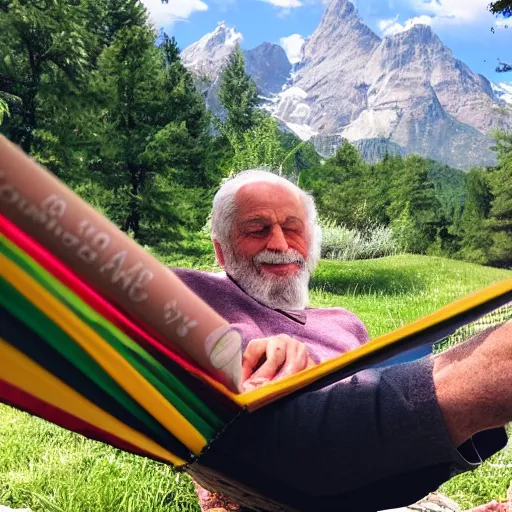 Image similar to my older italian wise friend on a hammock, reading the book about love, face iluminated by new knowledge, mountains in a background