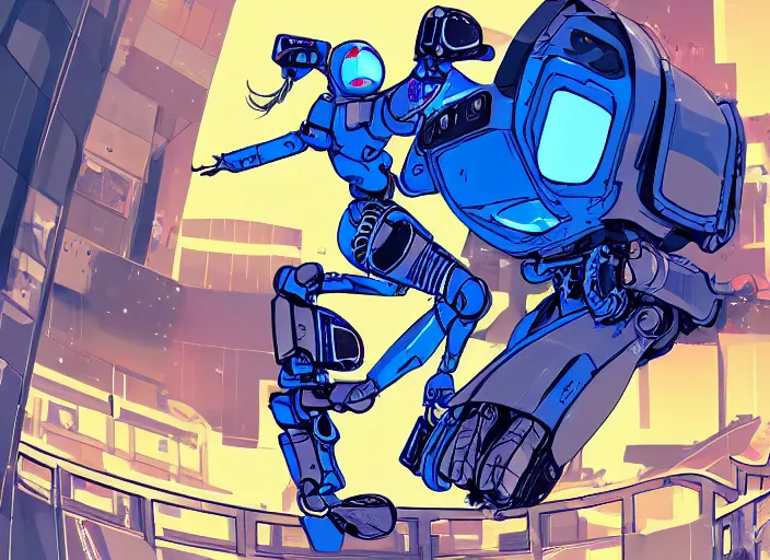 Image similar to g girl in blue hoodie jumping away from mech robot, animatic, high quality, cyberpunk