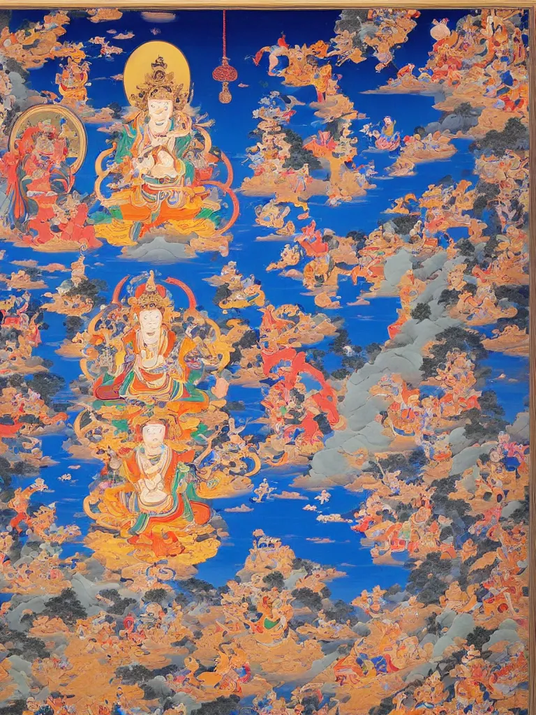 Image similar to a Beautifully exquisite WUKONG Thangka, with intricate details and bright colors. WUKONG is shown in the center, surrounded by demons that he is defeating. The background is a deep blue, with mountains and clouds. The thangka is framed in a gold border, from which rays of light are emanating by WU DAOZI, zhang xuan, qiu ying, Chris Saunders,