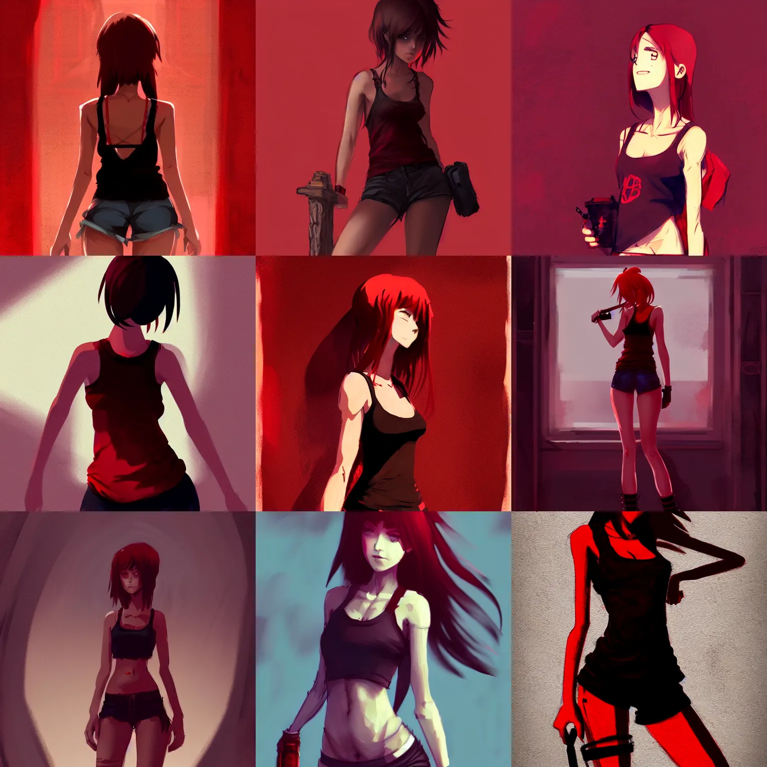 Prompt: hot girl, wearing a tanktop and shorts, in the style of greg rutkowski, anime artstyle, intricate, dark red and black colors