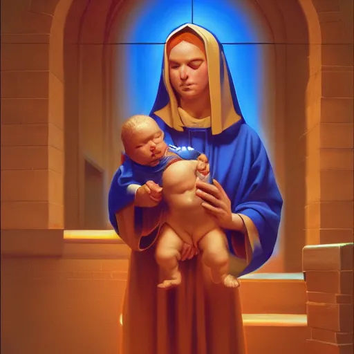 Prompt: holy catholic baby by Greg Hildebrandt, trending on art station, 4k UHD, 8k, painting illustration, realistic volumetric lighting, rendered in unreal engine, high detail, photorealistic