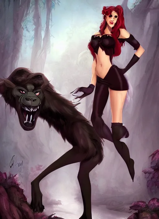 Image similar to a vampire smilodon-girl with hair and clothes made of living tar, femme fatale, villainess, digital painting by Don Bluth, Olivia, J. Scott Campbell, good girl art, artstation trending, artgerm