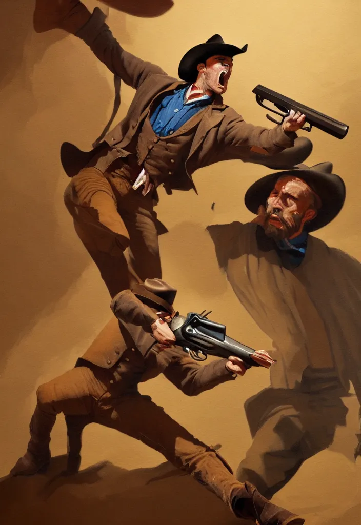 Image similar to acrylic on paper painting of an epic portrait of a cowboy firing his revolver while yelling, full body with dynamic pose and correct anatomy, during archetypical Old West period, 19th century, male, detailed face, cinematic lighting, by concept art trending on ArtStation, masterpiece, fantastic, octane render, 8K HD Resolution, High quality image