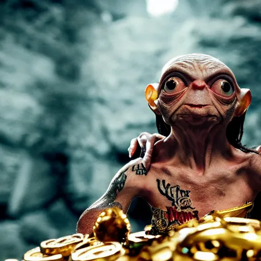 Prompt: gollum couching in a dungeon proudly wearing lots of gold and jewelry and bling, hip hop style, tattoos, lotr, imax, foggy atmosphere, bokeh, professional studio shot, stylized photo, single image