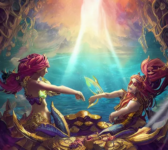 Image similar to two mermaids share a victorious fistbump, crepuscular rays behind fistbump, whimsical, dungeons and dragons, league of legends splash art, heroes of the storm splash art, hearthstone splash art, world of warcraft splash art, overwatch splash art, art by artgerm, art by alphonse mucha, intricately detailed, highly detailed, trending on artstation,