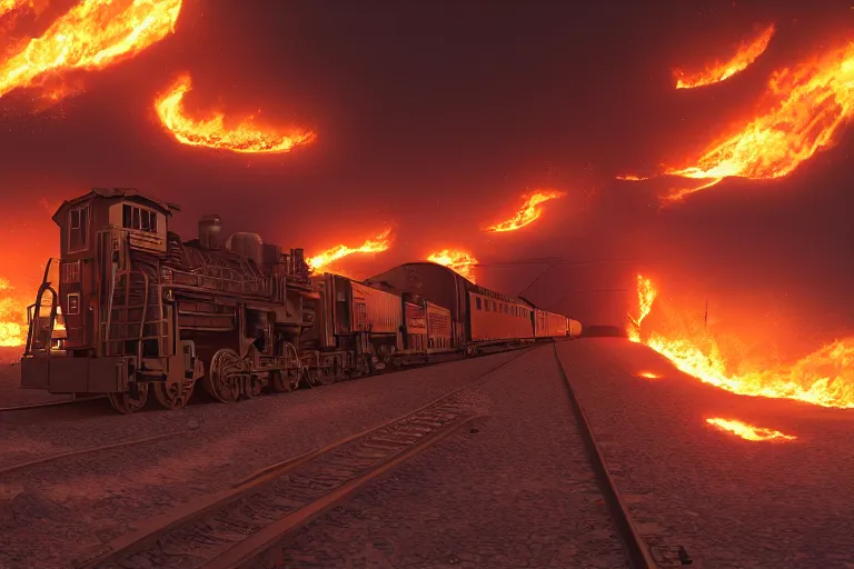 Image similar to a burning train moving fast through the desert, cinematic shot, hyperdetailed, artstation, cgsociety, 8 k