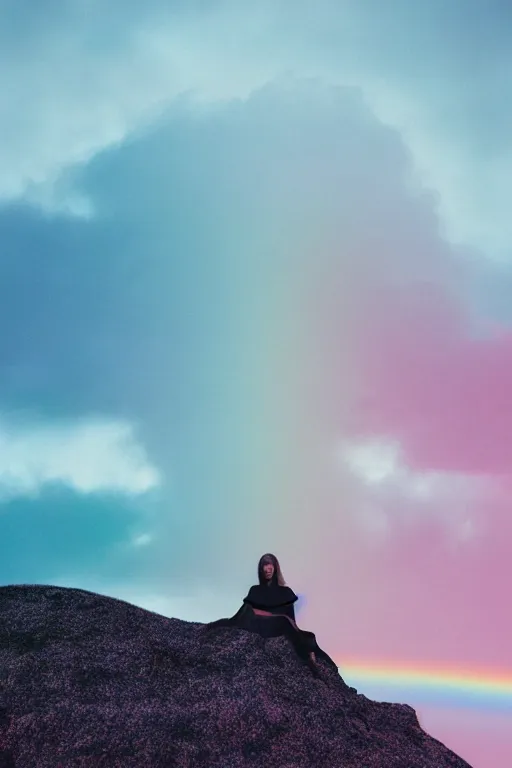 Image similar to high quality pastel coloured film close up wide angle photograph of a model wearing clothing resting on cloud furniture in a icelandic black rock environment in a partially haze filled dreamstate world. three point light, rainbow. photographic production. art directed. pastel colours. volumetric clouds. pastel gradient overlay. waves glitch artefacts. extreme facial clarity. 8 k. filmic.