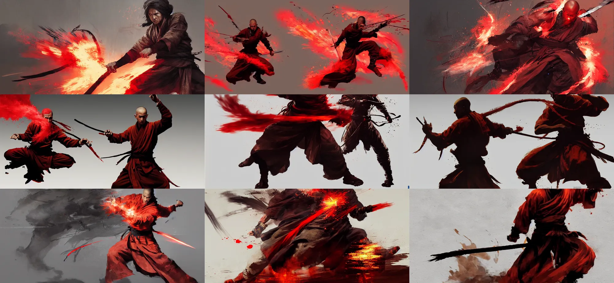 Prompt: Epic action scene, Concept art of a monk, red smoke follows his movement, full body wuxia, shaolin martial arts by Akihito Yoshitomi AND Yoji Shinkawa AND Greg Rutkowski, Mark Arian trending on artstation, 4k