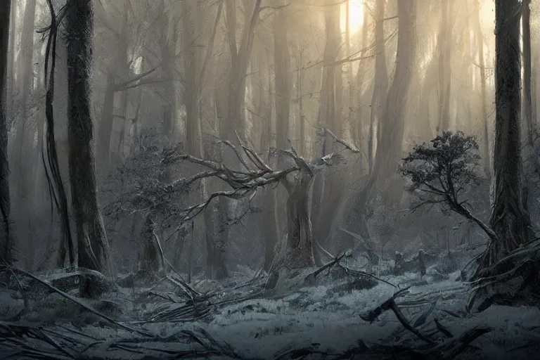 Image similar to fallen tree in a forest, winter, sci-fi, cinematic lighting, greg rutkowski