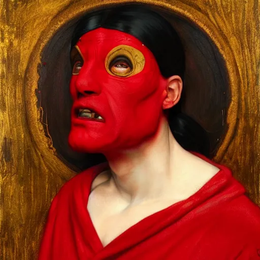 Image similar to black hole face dressed in red robe takes a selfie | highly detailed oil painting, hyperrealistic, very intrincate | cinematic lighting, award - winning | by roberto ferri, gustav klimt, william waterhouse and tom bagshaw | by austin osman spare and william blake, trending on artstation, cgsociety, official art, octane.