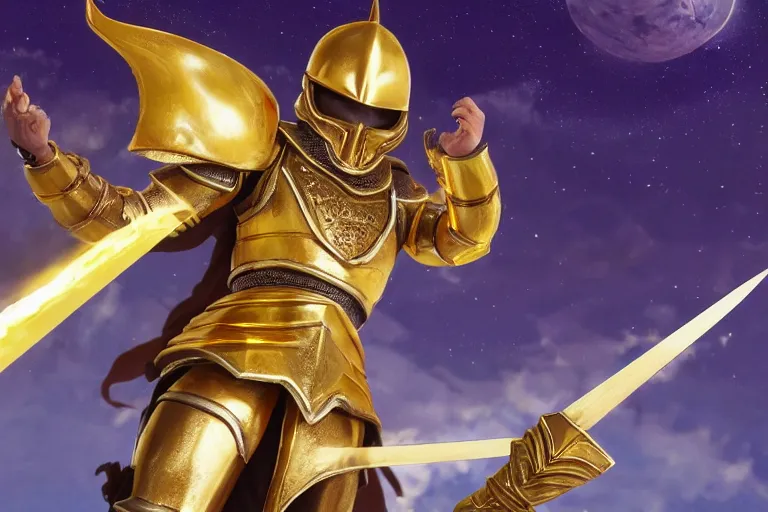 Image similar to an ultra detailed picture of saladin as a funko pop, wearing bright gold armor and holding huge flaming longsword blessed by god, epic anime fantasy, 8 k, volumetric lighting, smooth, highly detailed, digital illustration, art by kentaro miura and akira toriyama and albert bierstadt and greg rutkowsi, artstation