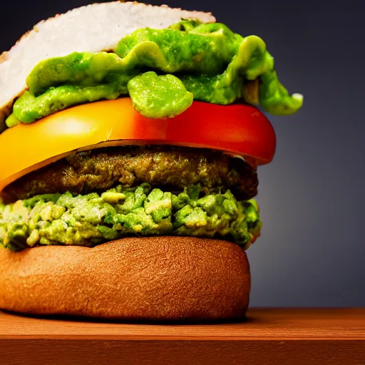 Image similar to juicy vegan hamburger with guacamole topping and crispy fried onion topping and a fried egg topping, crispy buns, 8 k resolution, professional food photography, studio lighting, sharp focus, hyper - detailed