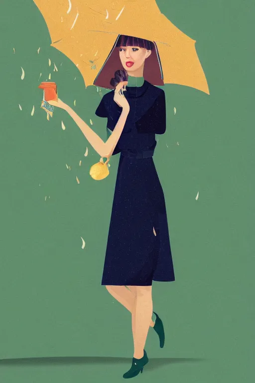 Prompt: a white woman with puffy lips, short hair, green eyes on a green background, the rain is falling along with dried leaves, she is using a navy blue dress, award - winning illustration trending on artstation