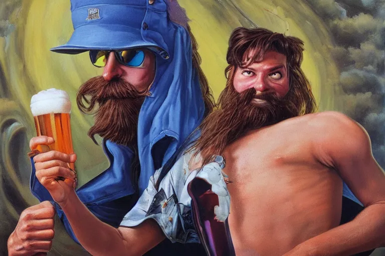 Image similar to a young man holding a beer giving a thumbs up with a long beard, airbrush painted, 80s poster, detailed, uncropped, painted by Jim Burns