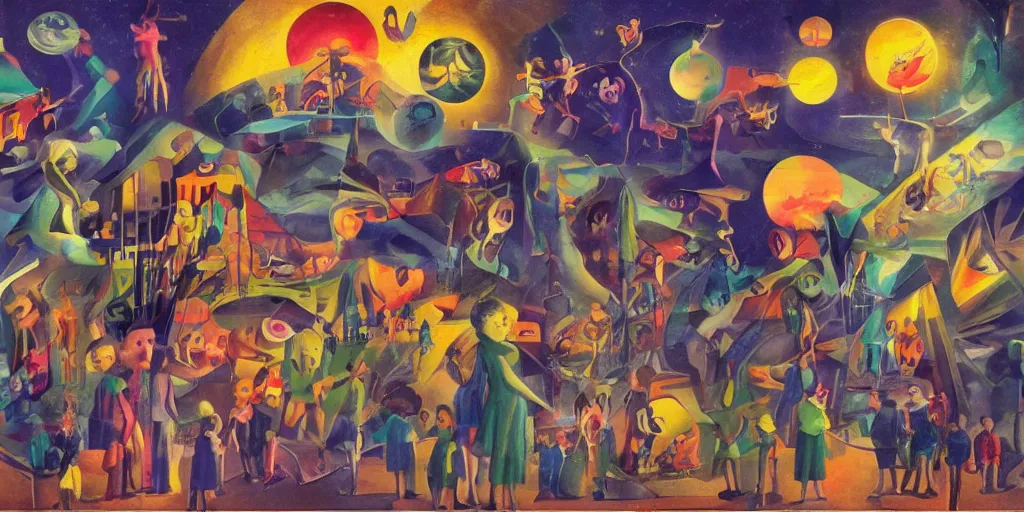 Image similar to collage children's, night landscape, art deco surrealism expressionism, artstation