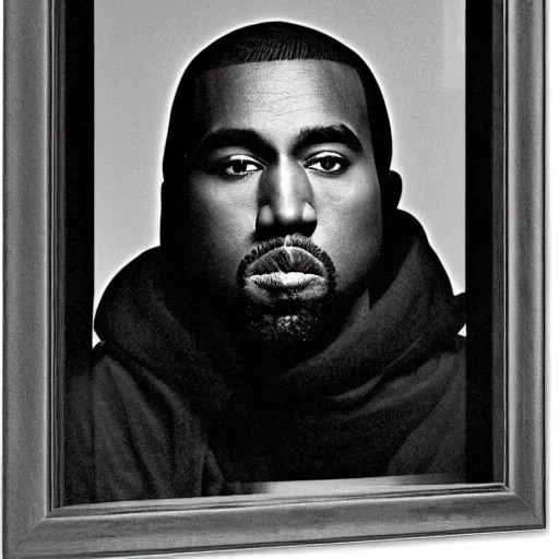 Image similar to a chiaroscuro lighting portrait of kanye west dressed as rick owens, black background, portrait by julia margaret cameron, shallow depth of field, 8 0 mm, f 1. 8