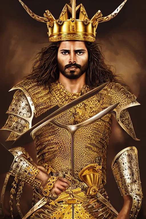 Image similar to Hyper-realistic Portrait of the King of the Desert, Warrior Man, Gold Armour and Crown, Sword, handsome attractive face, beautiful face, photo realistic, highly detailed, dramatic lighting, majestic, trending on artstation, elegant, intricate, highly detailed, digital painting, concept art, sharp focus, illustration, art by artgerm and greg rutkowski and alphonse mucha