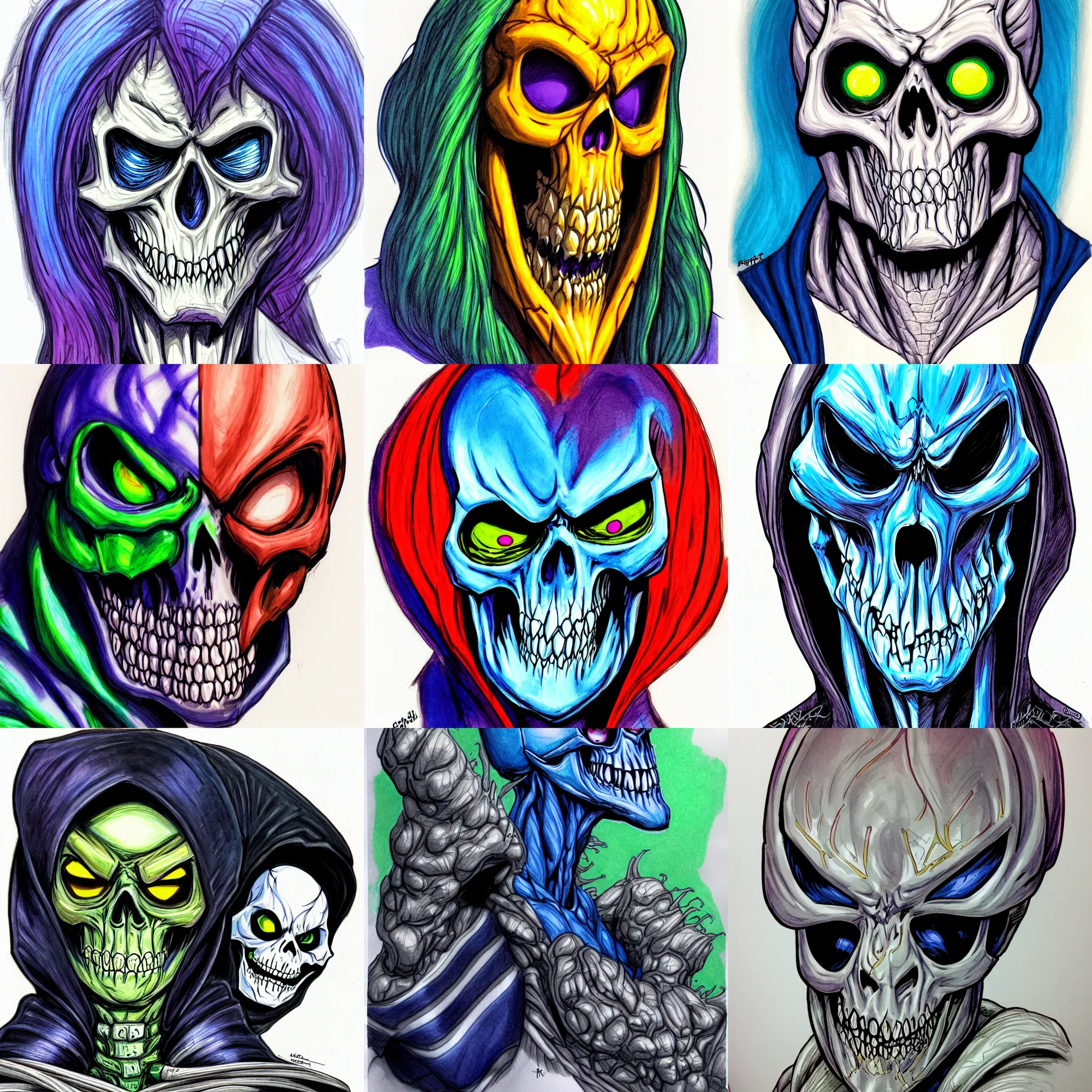 Prompt: macro head shot centered ink colored airbrushed gouache sketch by peter chung centered symmetrical headshot of maniac skeletor in the style ofj scott campbell