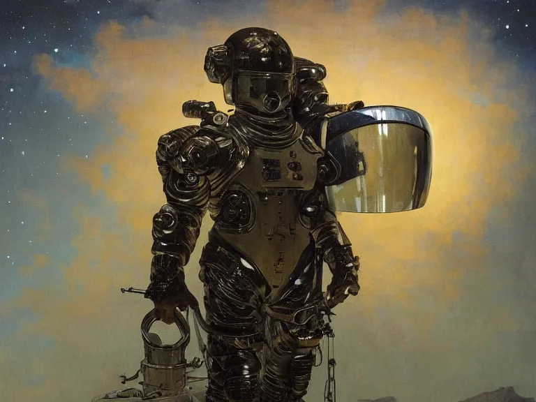 Prompt: a detailed profile oil painting of a soldier in a spacesuit with reflective helmet, advanced technology flight suit, portrait symmetrical and science fiction theme with aurora lighting clouds and stars by beksinski carl spitzweg and tuomas korpi. baroque elements, full-length view. baroque element. intricate artwork by caravaggio. Trending on artstation. 8k