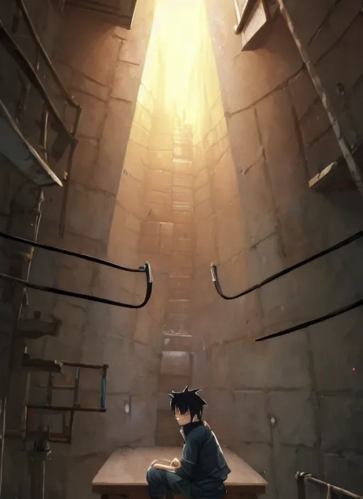 Prompt: highly detailed prison cell with naruto uzumaki with black hair, metal bars in window, powerfully punching a wall, art by greg rutkowski, loish, rhads, ferdinand knab, makoto shinkai and lois van baarle, ilya kuvshinov, rossdraws, tom bagshaw, global illumination, radiant light, detailed and intricate environment