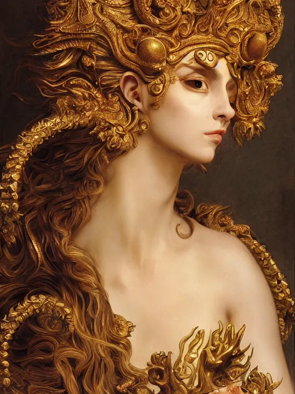 Prompt: a beautiful portrait render of baroque female demon with golden skin and identical eyes, ultra realistic, hdr, dramatic lighting, sculpture, painting, who wearing dramatic headdress, by  Louise Élisabeth Vigée Le Brun  and aaron horkey and Jean-Baptiste Greuzeand and peter gric and Franz Xaver Winterhalter,Artstation,pinterest,jewelry,porcelain,gold, woman demon,pearlescent,maximalist