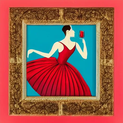 Image similar to square painting of a ballerina drinking wine in a teal room all on a red background