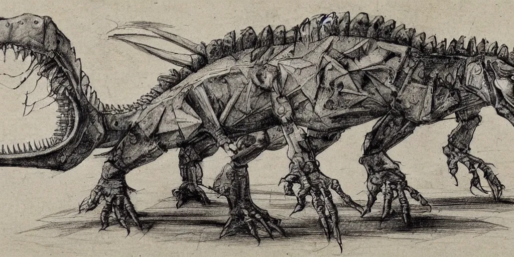 Image similar to leonardo da vinci's technical sketch of a robotic dinosaur, highly detailed