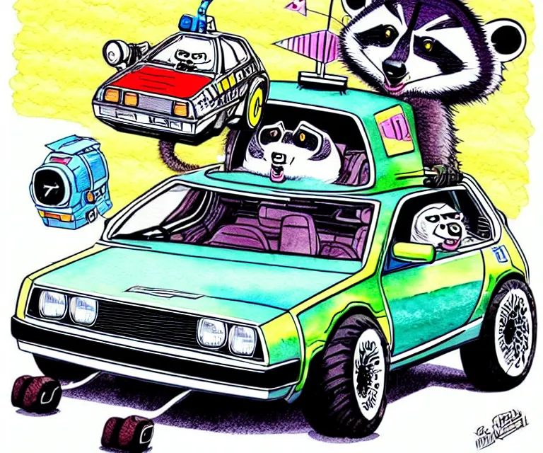 Image similar to cute and funny, racoon wearing a helmet riding in a tiny hot rod dmc delorean with oversized engine, ratfink style by ed roth, centered award winning watercolor pen illustration, isometric illustration by chihiro iwasaki, edited by range murata