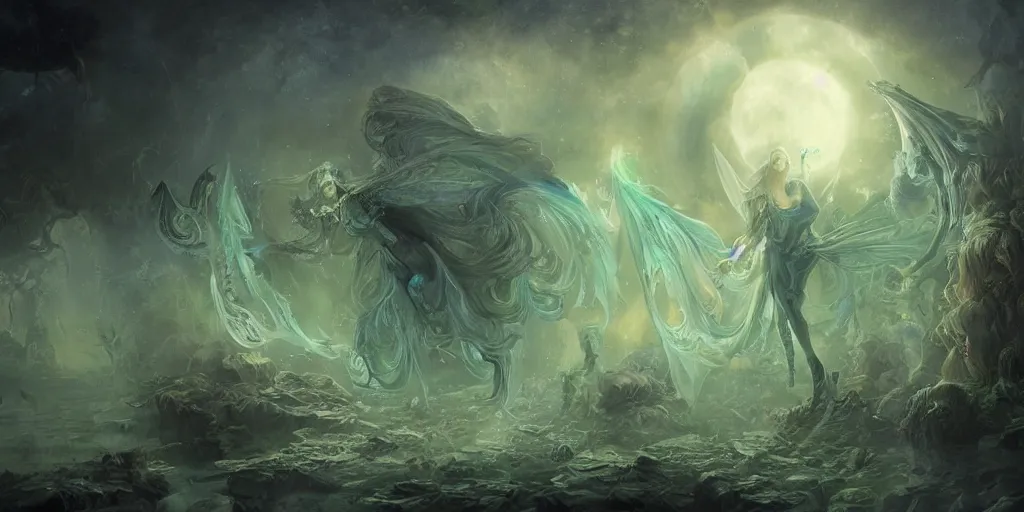 Image similar to concept art of translucent glowing fairies, lovecraftian, renaissance, melting, round moon, rich clouds, fighting the horrors of the unknown, very detailed, volumetric light, mist, fine art, decaying, textured oil over canvas, epic fantasy art, very colorful, ornate scales