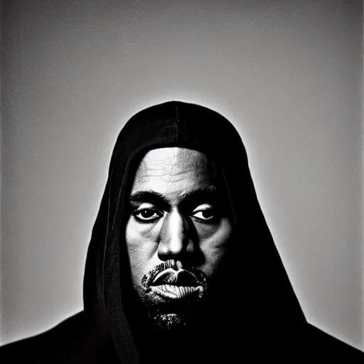 Image similar to a ( ( ( ( ( ( ( ( ( ( ( ( chiaroscuro lighting portrait ) ) ) ) ) ) ) ) ) ) ) of kanye west dressed as rick owens, black background, portrait by julia margaret cameron, shallow depth of field, 8 0 mm, f 1. 8