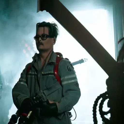 Image similar to Johnny Depp as a Ghostbuster in the movie Ghostbusters movie still 8k hdr moody lighting