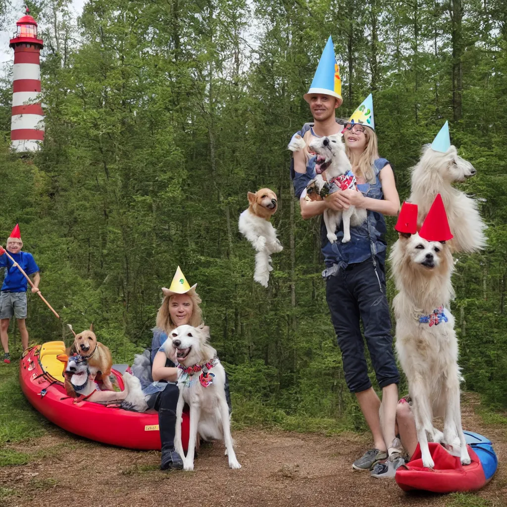 Prompt: blonde swedish balthazar and his dog okko with birthday hats, celebrating a birthday party in a forest, with music, cake and kayaks, with a lighthouse in the background