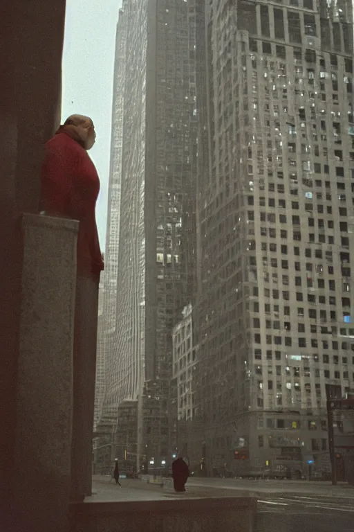 Image similar to close-up photography, fat man looks at bird in New York, soft light, 35mm, film photo, Joel Meyerowitz