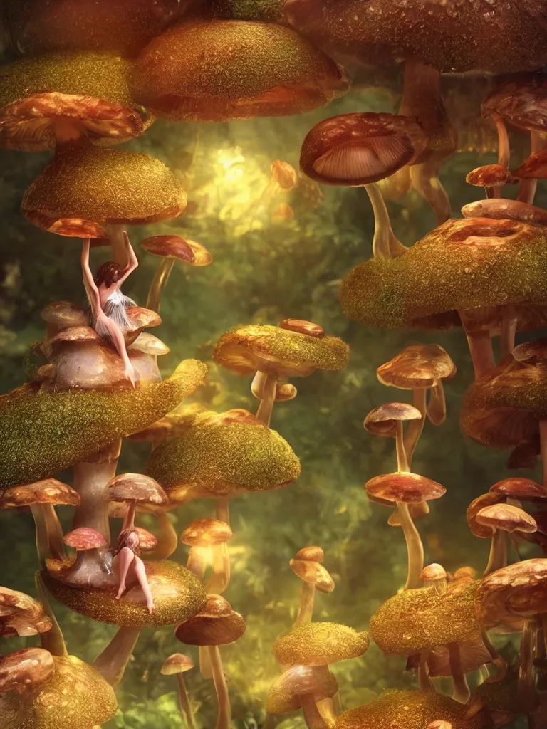 Image similar to fairy's dance in delight around a complex engine creating mushrooms, by viktoria gavrilenko, octane render, 8 k, beautifully lit