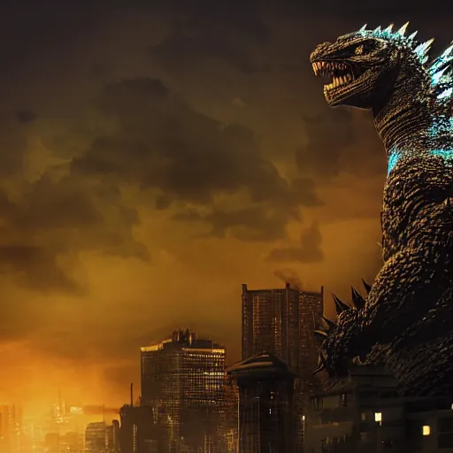 Prompt: godzilla attacking industrial building, dramatic lighting, evening