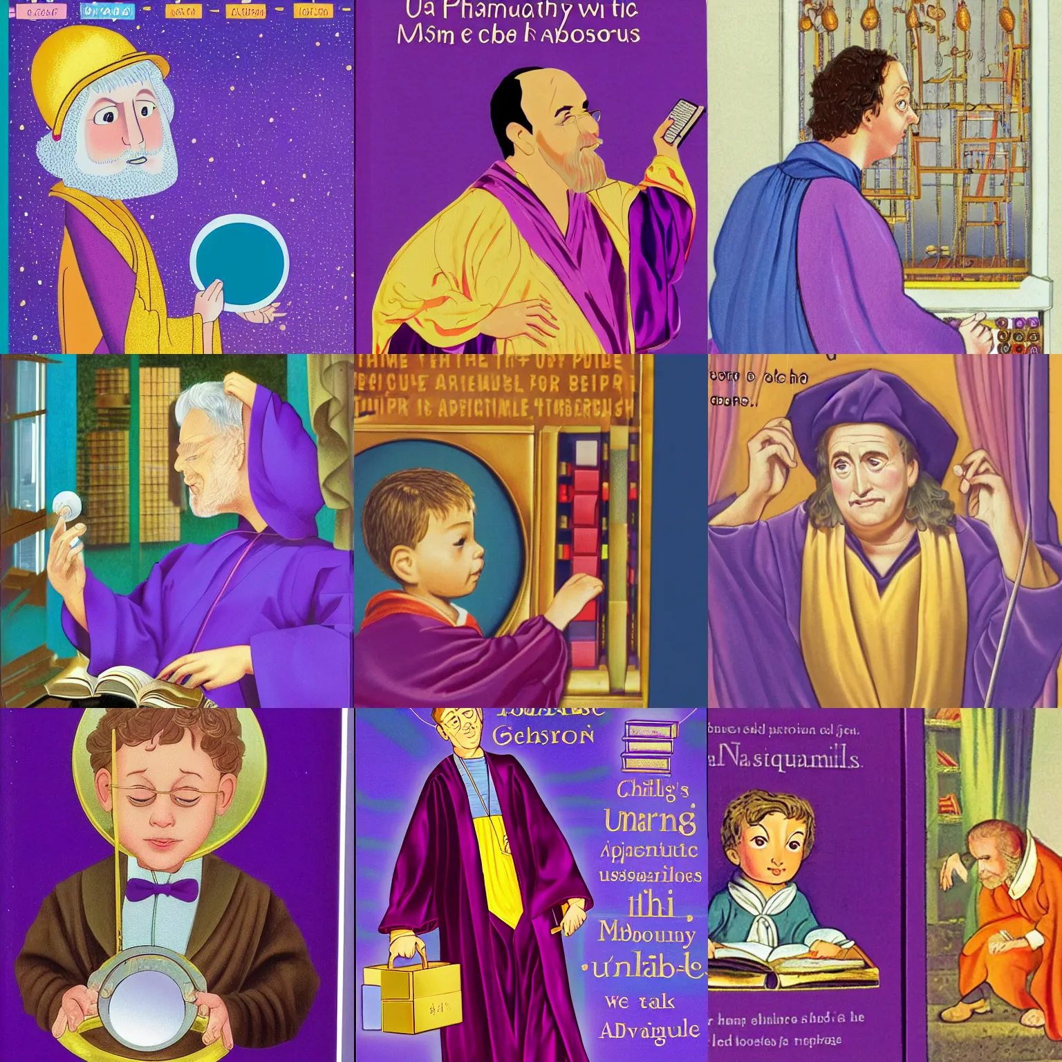 Prompt: a mathematical empirical philosopher gazing into a shiny metal mirror. The philosopher is wearing a purple robe and gold lining, and holds an abacus. Pictured on the cover of an Usborne children's book.