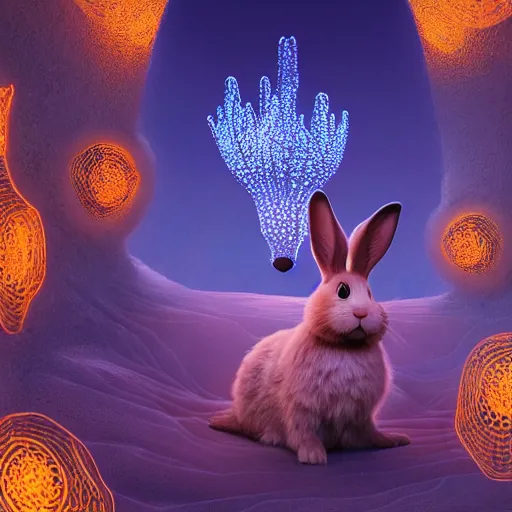 Prompt: gates of heaven, expressive eyes, floating, rbc, bunny, radiolaria, protophyta, micro - organisms, center frame, symmetric, rim light, marine microbiology, bioluminescence, electric, fur, soft, concept art, intricate details, highly detailed, colorful, photorealistic, disney pixar, octane render,