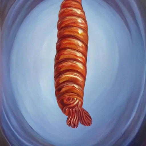 Image similar to surreal painting of a fish morphing into a sausage