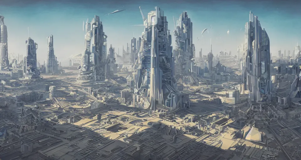 Image similar to view on futuristic city in the horizon, illustration by ricardo bofill, detailed, sharp, 8 k