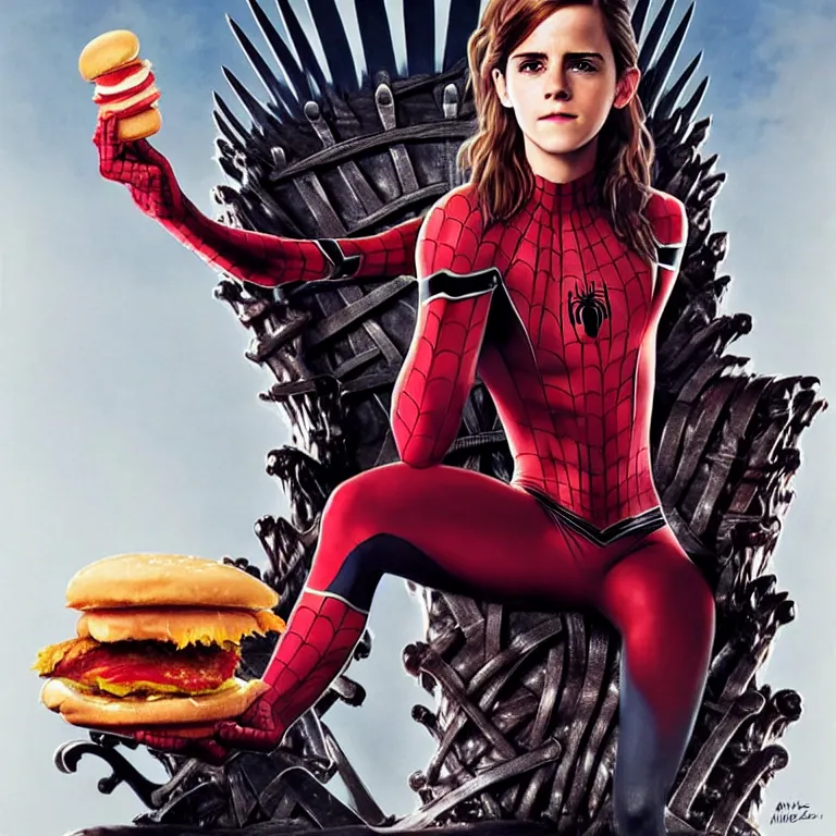 Image similar to emma watson in a spiderman suit sitting on the iron throne, eating a hamburger, gentle expression, elegant clothing, photorealistic, highly detailed, artstation, smooth, sharp focus, art by michael whelan, artgerm, greg rutkowski and alphonse mucha