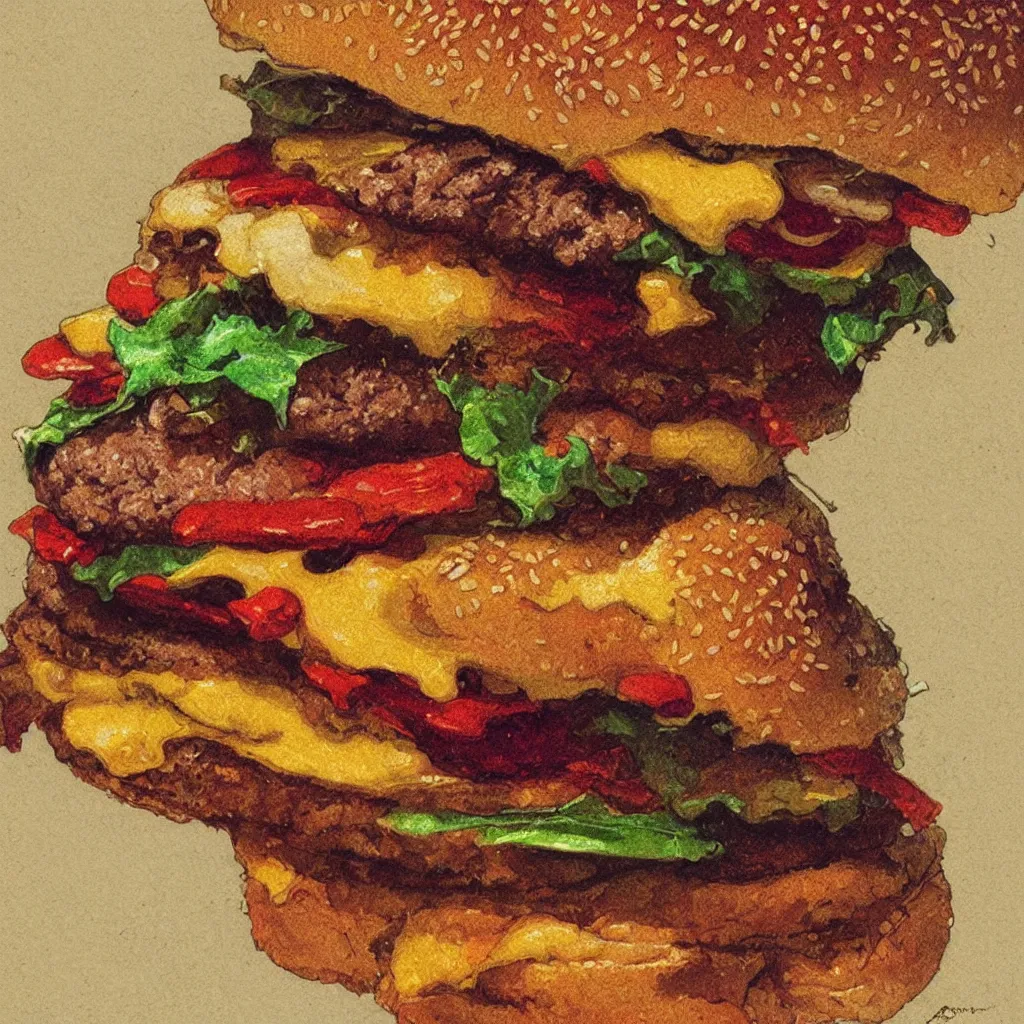 Prompt: a close up image of a burger, a rainbow colored outline, intricate, elegant, illustration, digital painting, 8 k, fine detail, artstation, art by greg rutkowski, jack kirby, albert aublet, frank herbert, and alphonse mucha