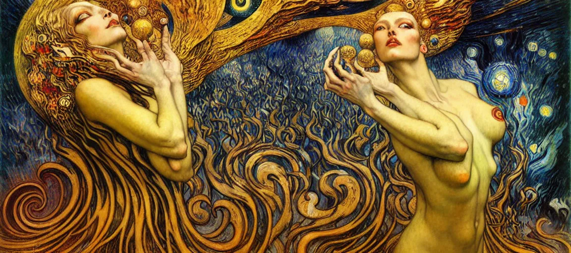 Image similar to Divine Chaos Engine by Karol Bak, Jean Delville, William Blake, Gustav Klimt, and Vincent Van Gogh, symbolist, visionary