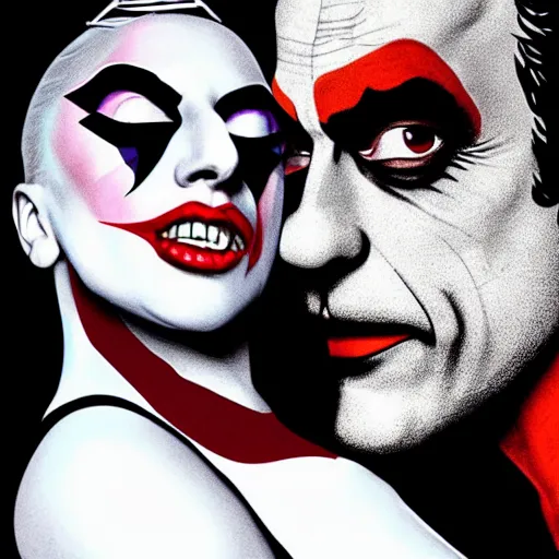 Image similar to richard hamilton and mimmo rottela as lady gaga harley queen and joaquin phoenix joker kissing, pop art, medium long shot, 2 color, justify content center, object details, dynamic composition, 4 k, ultra realistic art, smooth, sharp focus, illustration, concept art, intricate details, h 7 6 8