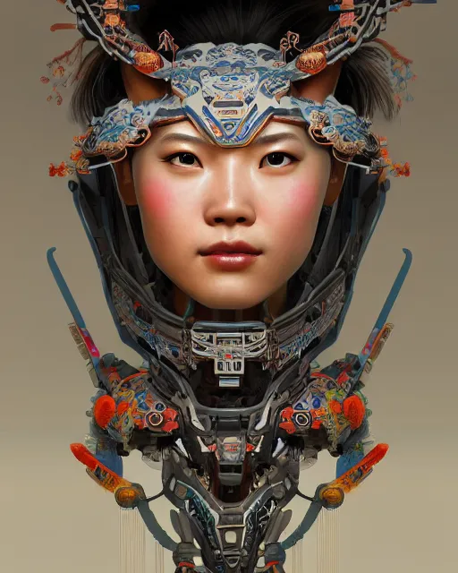 Image similar to portrait of a machine from horizon zero dawn, machine face, upper half portrait, decorated with chinese opera motifs, asian, bian lian, traditional chinese art, intricate, elegant, highly detailed, digital painting, artstation, concept art, smooth, sharp focus, illustration, art by artgerm and greg rutkowski and alphonse mucha, 8 k