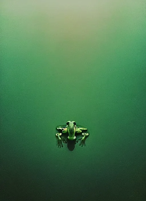 Image similar to “translucent frog amphibian vertically hovering above calm lake waters in jesus christ pose, distant meadow and misty forest horizon, low angle, long cinematic shot by Andrei Tarkovsky, paranormal, eerie, mystical”