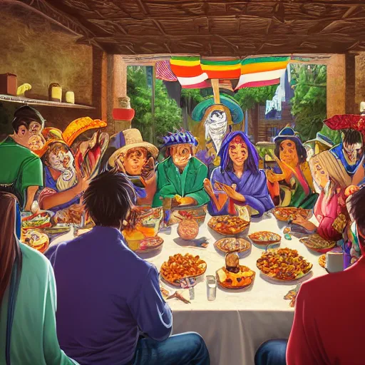 Prompt: the last supper in a mexican restaurant, sombrero, ponchos, chips and salsa, tiny mexican flag poles, margaritas, by dan mumford, yusuke murata, makoto shinkai, ross tran, cosmic, heavenly, god rays, intricate detail, cinematic, 8 k, cel shaded, unreal engine, featured on artstation, pixiv